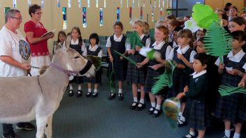 Students listen to the Gospel with Tilly the Donkey in Marsden Chapel