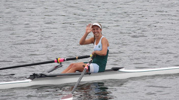 Ruby Leverington heads to the podium to claim her U18 single sculls silver medal