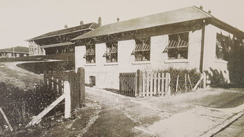 The Lodge (Karori Road entrance) with Marsden Boarding House in background, circa 1920s